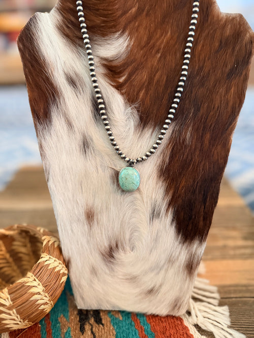 Handcrafted Turquoise & 5mm Sterling Silver Pearl 18” Beaded Necklace