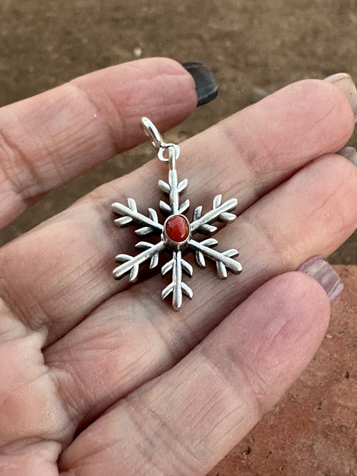 Handmade Sterling Silver and Coral CHRISTMAS SPIKY SNOWFLAKE Charm