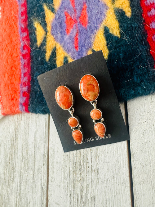 Navajo Sterling Silver Apple Coral Dangle Earrings