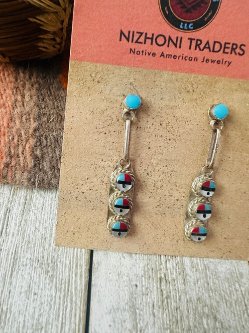 Old Pawn Zuni Multi Stone & Sterling Silver Inlay Sun Face Earrings