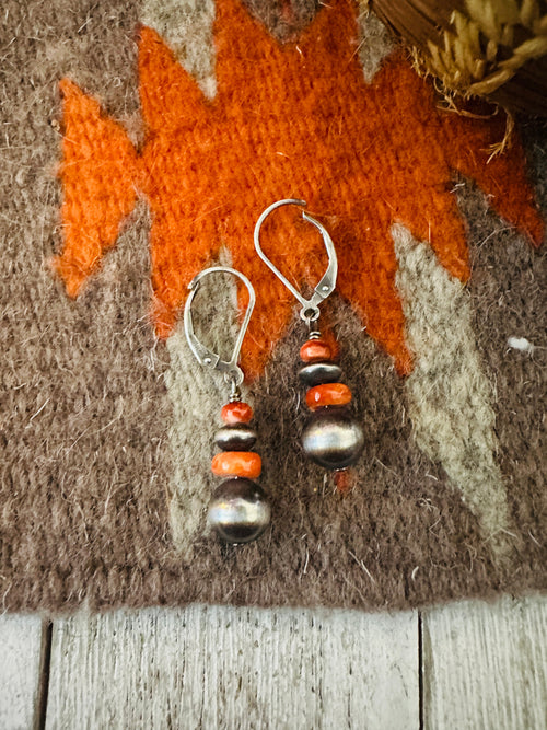 Navajo Spiny Oyster & Sterling Silver Pearl Dangle Earrings