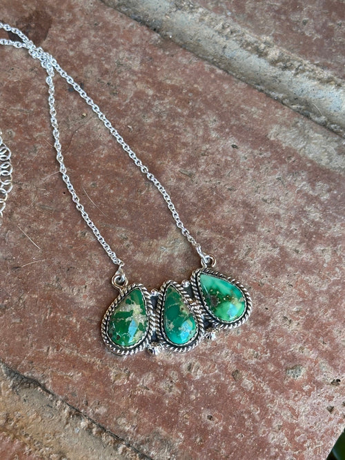 Handmade Sonoran Mountain Turquoise & Sterling Silver 3 Stone Necklace Signed Nizhoni