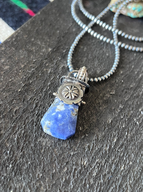 Sterling Silver Gem Collector 30” + 2” Beaded Necklace w/ Sodalite & Rosette Pendant