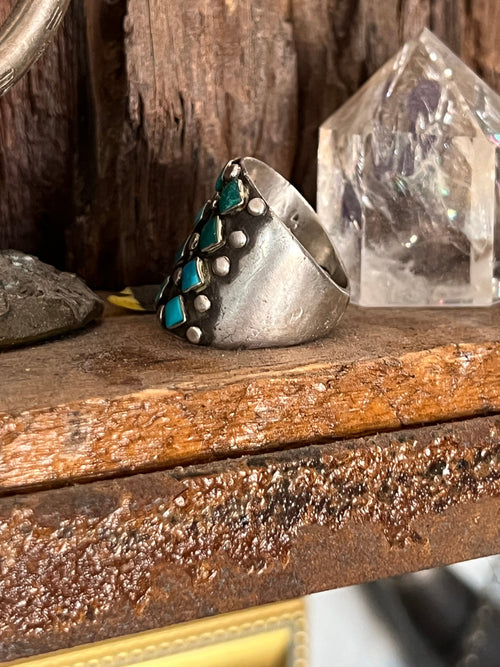 Old Pawn Sterling Silver and Diamond Turquoise Snake Eye Cigar Band Style Ring, Size 10.5