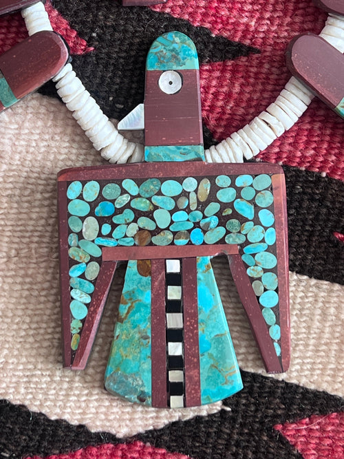 Warren Nieto Inlay Kingman Turquoise and Pipestone Thunderbird Tab Necklace & Earrings Set