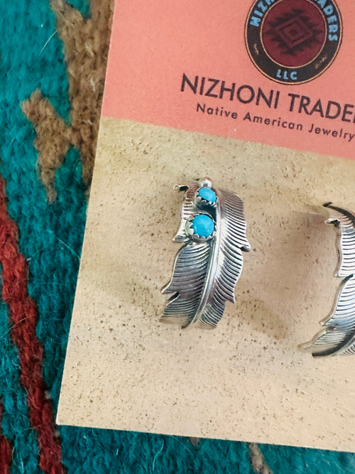 Navajo Turquoise & Sterling Silver Hoop Feather Earrings