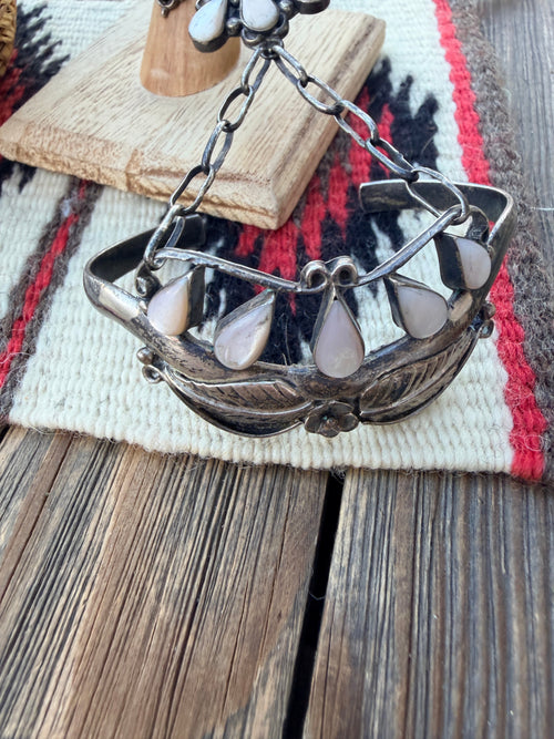 Handcrafted Old Pawn Mother of Pearl & Sterling Silver Cuff Bracelet with Hand Chain