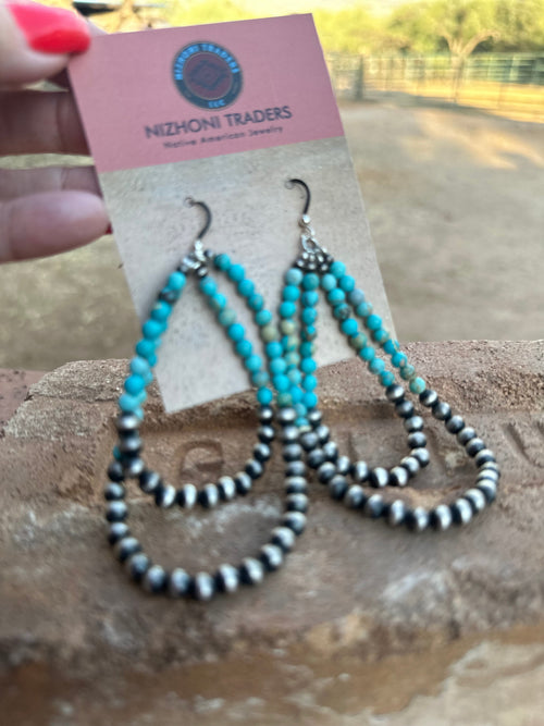 Navajo Turquoise & Sterling Silver Beaded Double Hoop Dangle Earrings