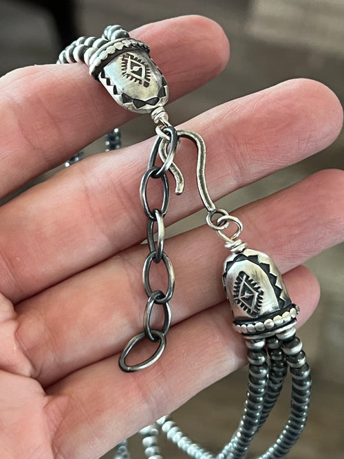 Navajo Made Sterling Silver Electric Rainbow Triple Layer Beaded Drop & Heart Necklace by Loretta Delgarito