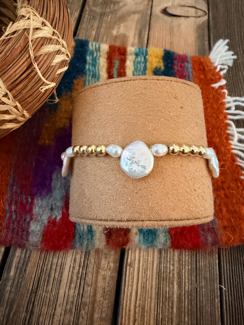 Handcrafted Mother of Pearl & Gold-Plated Sterling Silver Pearl Beaded Stretch Bracelet