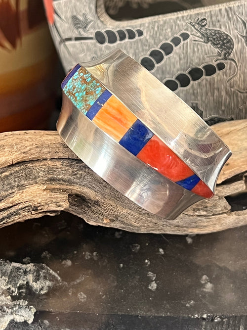 Old Pawn Sterling Silver, Number 8 Turquoise, Lapis, Spiny Oyster and Coral Inlay Cuff Bracelet by Duane Maktima