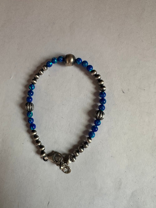 Handmade Sterling Silver, Blue Fire Opal Beaded Bracelet