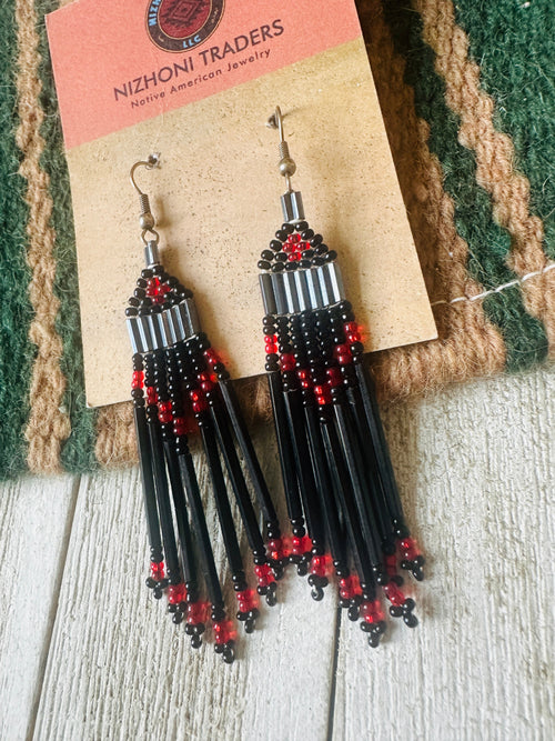 Navajo Black & Red Multicolor Beaded Dangle Earrings