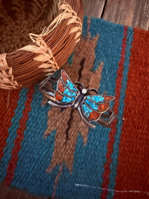 Handcrafted Old Pawn Sterling Silver, Turquoise & Coral Butterfly Cuff Bracelet