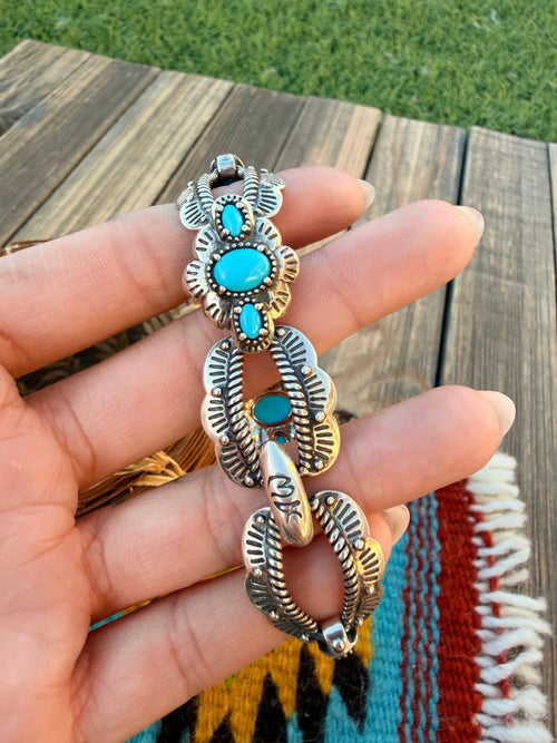 Handcrafted Old Pawn Sterling Silver & Turquoise Link Bracelet