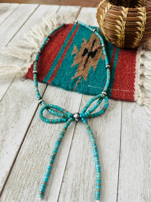 Navajo Sterling Silver & Turquoise Pearl Beaded Bow Tie Necklace 20”