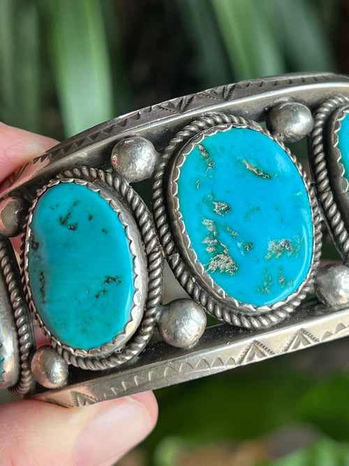 Old Pawn Navajo Sterling Silver and Natural Sleeping Beauty Turquoise Cuff Bracelet, Signed D