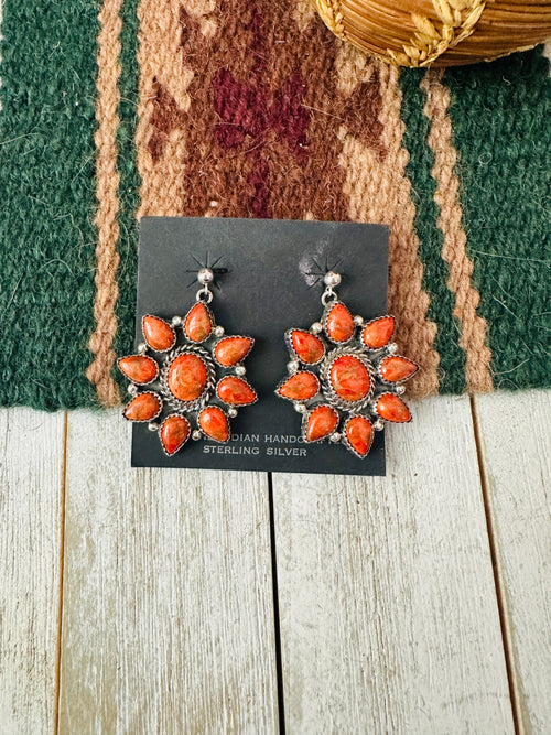 Navajo Sterling Silver Apple Coral Cluster Dangle Earrings