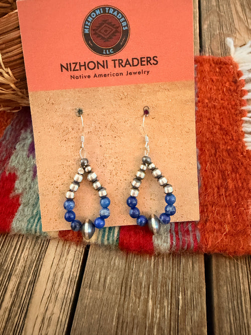 Handcrafted Lapis & Sterling Silver Pearl Beaded Dangle Hoop Earrings