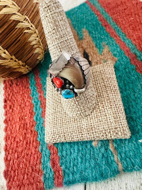 Old Pawn Handcrafted Turquoise, Coral & Sterling Silver Ring Size 9.5