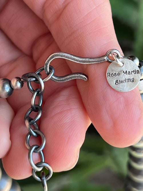 Navajo Sterling Silver and Kingman Turquoise Handmade Beaded Necklace by Rose Martin, 18 Inches