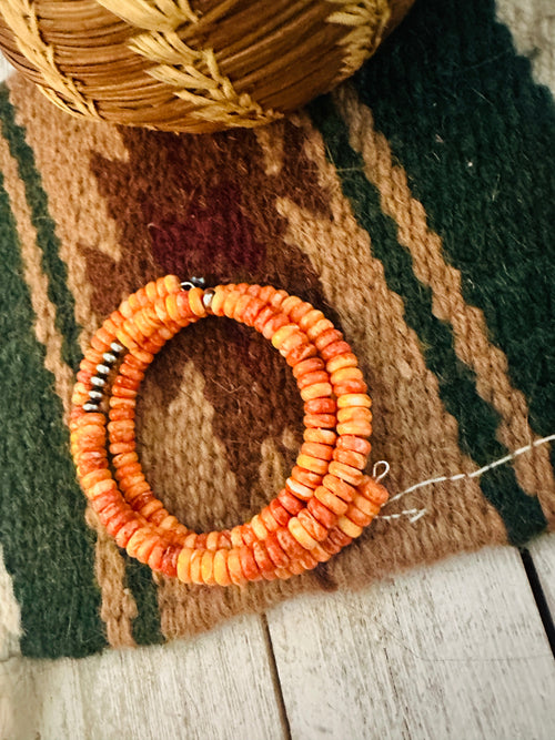 Navajo Orange Spiny Oyster Shell & Sterling Silver Pearl Beaded Wrap Bracelet