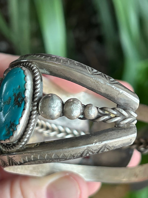 Old Pawn Navajo Sterling Silver and Natural Sleeping Beauty Turquoise Cuff Bracelet, Signed D
