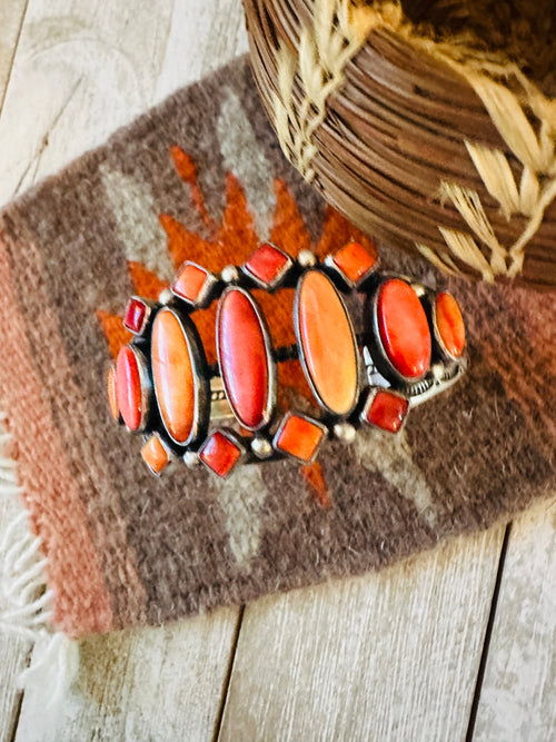 Navajo Sterling Silver & Orange Spiny Cuff Bracelet by Diane Wylie