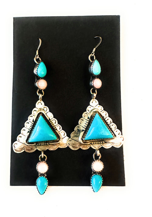 Navajo Mother of Pearl, Turquoise & Sterling Silver Dangle Earrings