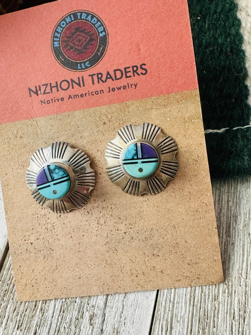 Old Pawn Navajo Sterling Silver & Multi Stone Inlay Sun Face Stud Earrings by Gary Arviso