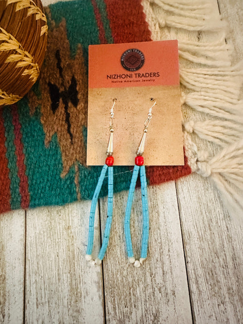 Handcrafted Old Pawn Turquoise & Coral Beaded Dangle Earrings