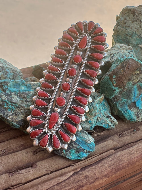 Old Pawn Coral and Sterling Silver Petit Point Ring Size 8