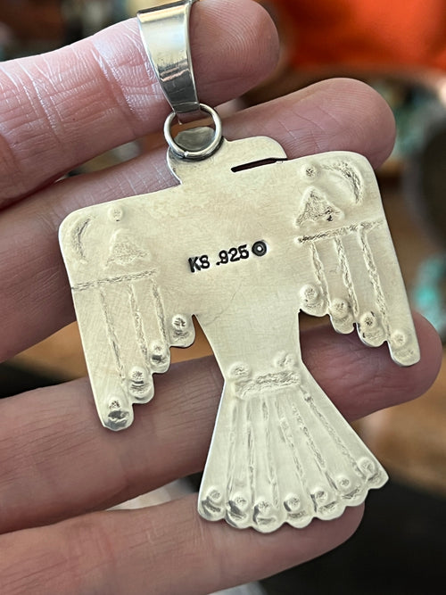 Hand Stamped Sterling Silver & Pilot Mountain Turquoise Thunderbird Pendant by Kimari Somers