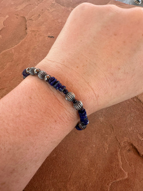 Handmade Lapis & Sterling Silver Beaded Stretch Bracelet