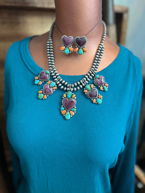 Navajo Made Sterling Silver Electric Rainbow Beaded Heart Cluster Necklace & Earrings Set by Angela Martin