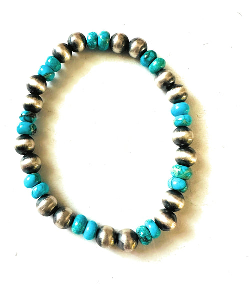 Navajo Sterling Silver Pearl and Turquoise Beaded Stretch Bracelet