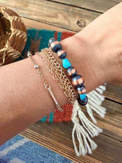 Handcrafted Turquoise & Copper Beaded Bracelet 7”