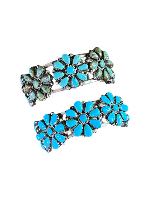 Old Pawn Navajo Sterling Silver and Mixed Turquoise Daisy Cluster Cuff Bracelet, Signed MA