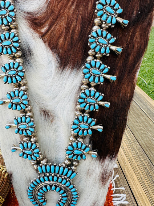 Old Pawn Handcrafted Turquoise & Sterling Silver Beaded Squash Blossom Necklace