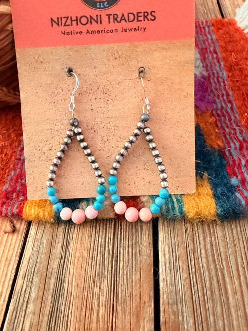 Handcrafted Pink Conch, Turquoise & Sterling Silver Pearl Beaded Dangle Hoop Earrings