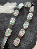 Tremendous Old Pawn Handcrafted Sterling Silver, Mother of Pearl and Opal Inlay Concho Belt by Albert Francisco