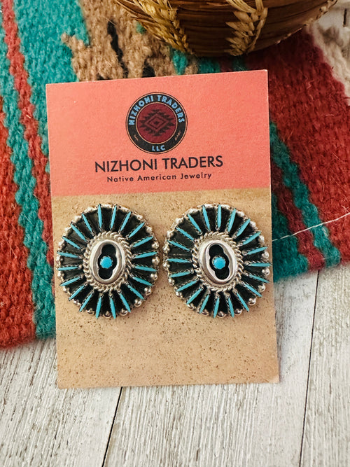 Old Pawn Zuni Sterling Silver & Turquoise Cluster Post Earrings