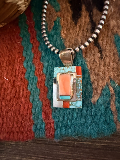 Old Pawn Handcrafted Multi Stone & Sterling Silver Inlay Pendant