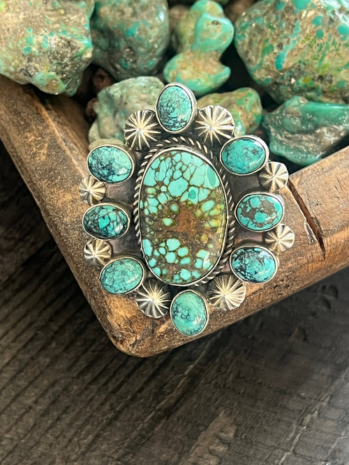 Apache Sterling Silver and Hubei Turquoise Cluster Ring by Rosella Paxson, Size 8.75