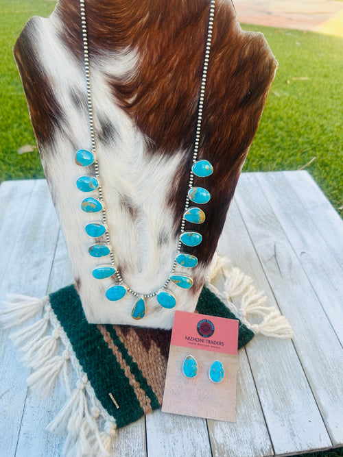 Handcrafted Turquoise & Sterling Silver Beaded Necklace and Earring Set