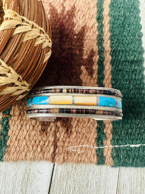 Old Pawn Navajo Multi Stone & Sterling Silver Inlay Cuff Bracelet