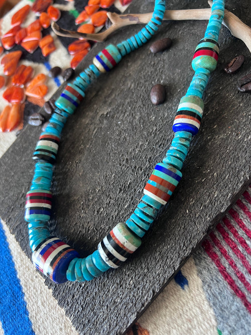 Ronald Chavez Handcrafted Turquoise Heishi Beaded Santo Domingo Necklace with Layered Barrel Bead Accents