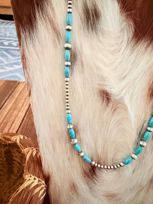 Handcrafted Turquoise & Sterling Silver Pearl 24” Beaded Necklace