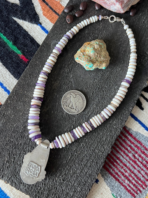 Tularosa Handcrafted Quahog Shell, Amethyst and Sterling Silver Beaded Necklace