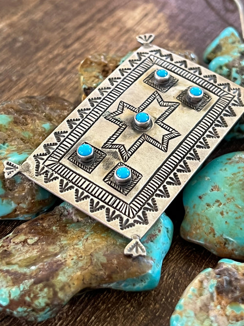 Handcrafted Sterling Silver and Turquoise Rug Brooch by Lee Charley